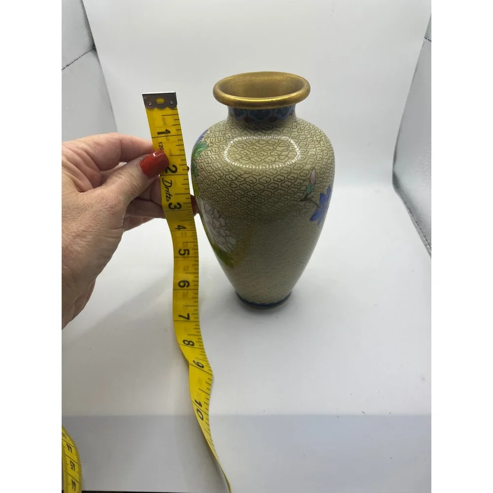 Vintage Cloisonne Vase‎ Floral Bird Design Gold Rimmed Accent Decor